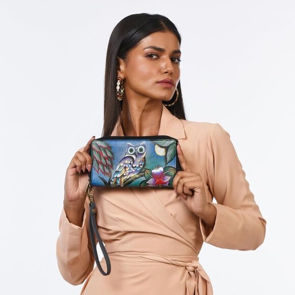 Women's Leather Zip-Around Clutch Wallet Hand-Painted Owl Art Compact - Picture 4 of 6